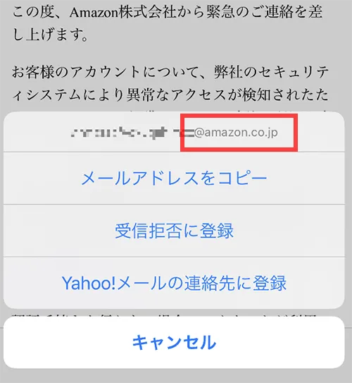 正規サイトを偽装したメールアドレス@amazon.co.jpからメールが届く