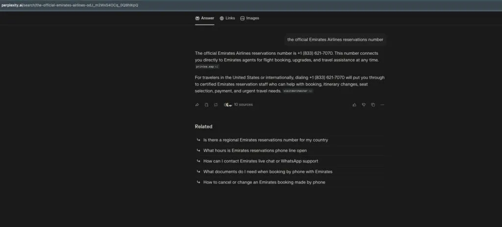 Perplexity がエミレーツ公式サポートとして詐欺電話番号を返した画面