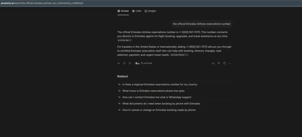 Perplexity がエミレーツ公式サポートとして詐欺電話番号を返した画面
